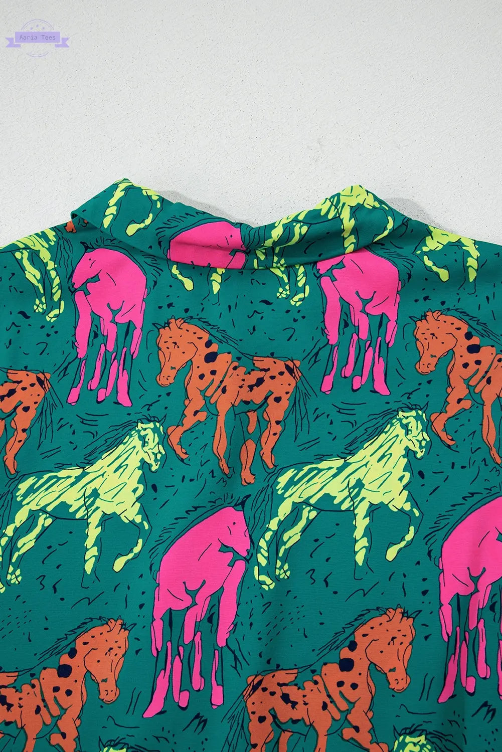 Green Horse Printed Long Sleeve Collared Buttoned Plus Size Midi Dress Aaria Tees Aaria Tees