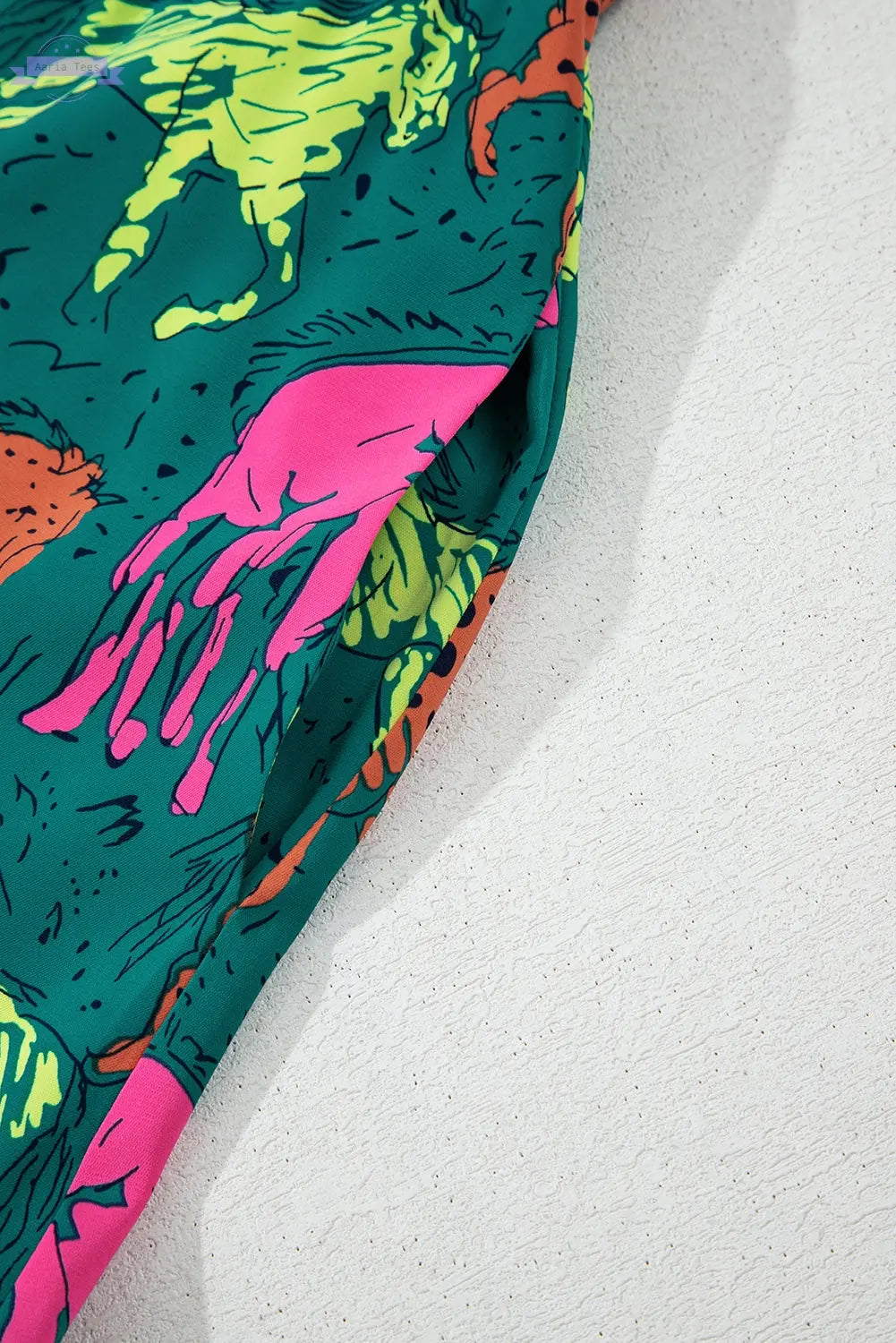 Green Horse Printed Long Sleeve Collared Buttoned Plus Size Midi Dress Aaria Tees Aaria Tees