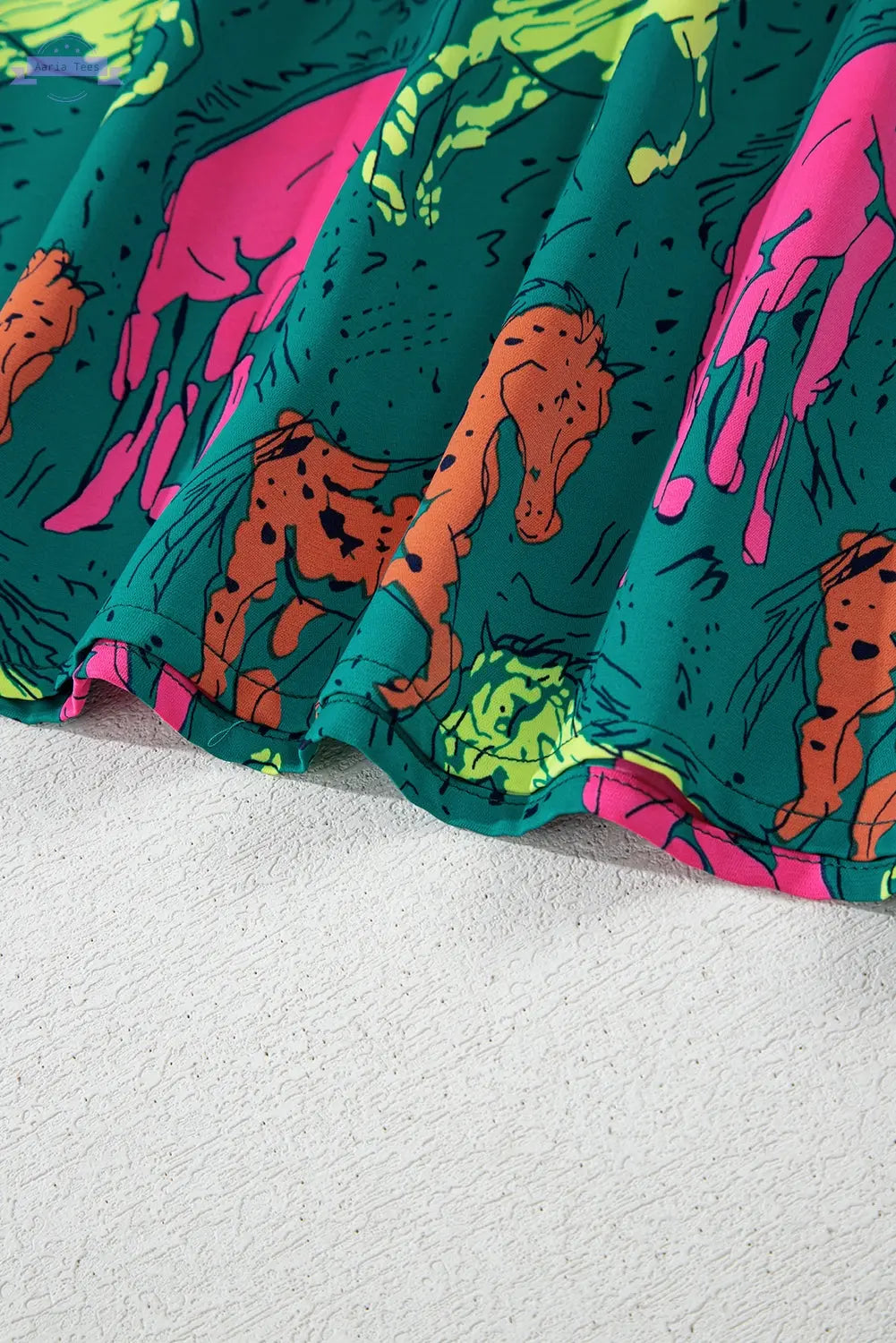 Green Horse Printed Long Sleeve Collared Buttoned Plus Size Midi Dress Aaria Tees Aaria Tees