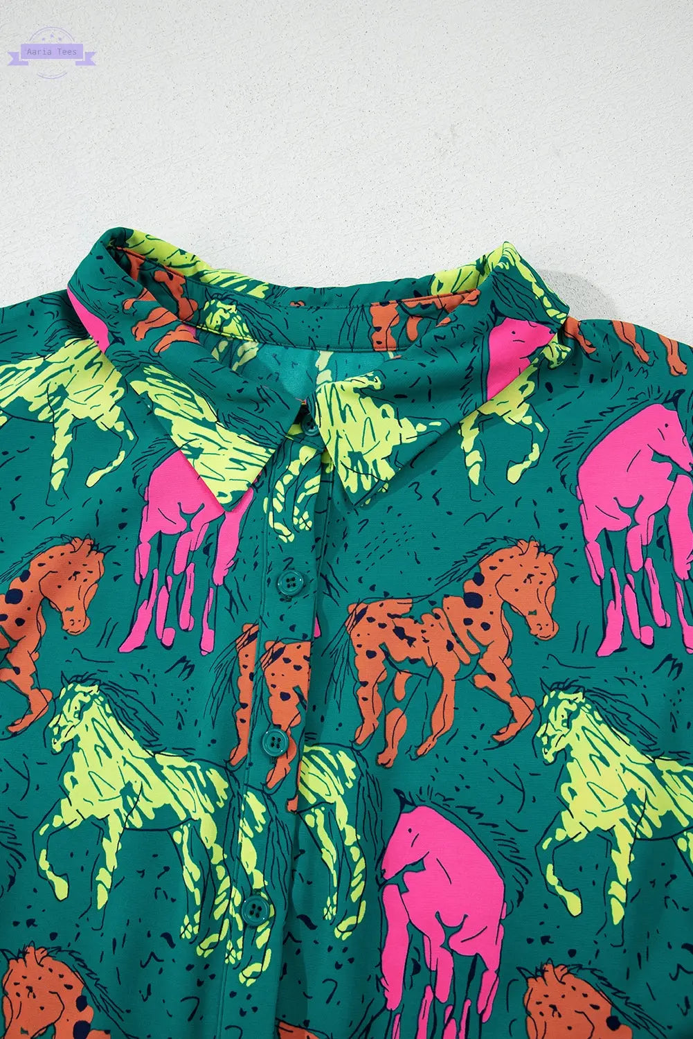 Green Horse Printed Long Sleeve Collared Buttoned Plus Size Midi Dress Aaria Tees Aaria Tees