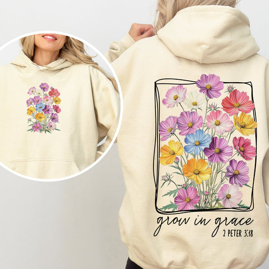 Grow In Grace, Flowers, Front and Back, Christian, Faith, Gospel, Religious, Jesus Hoodie, Hooded Sweatshirt