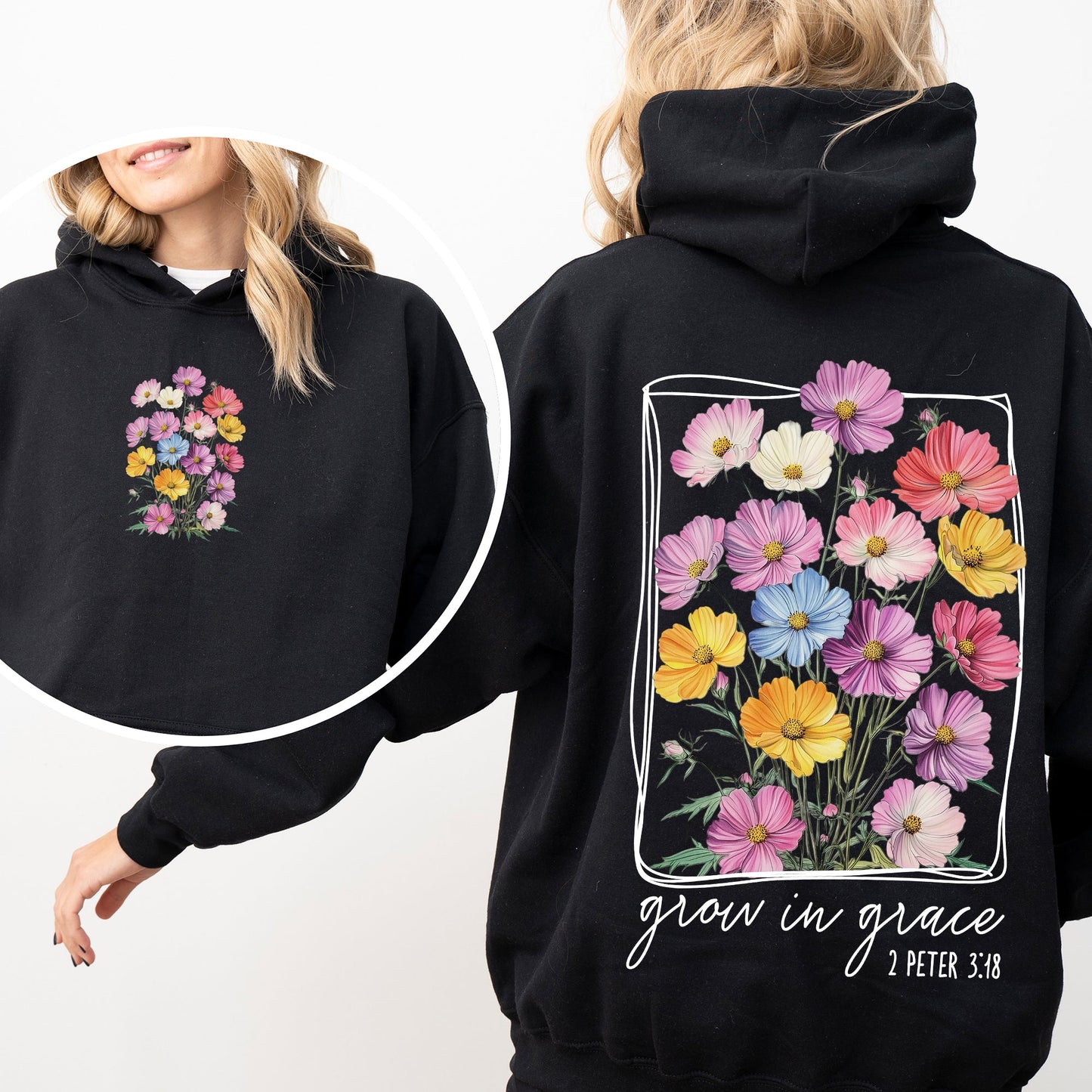 Grow In Grace, Flowers, Front and Back, Christian, Faith, Gospel, Religious, Jesus Hoodie, Hooded Sweatshirt