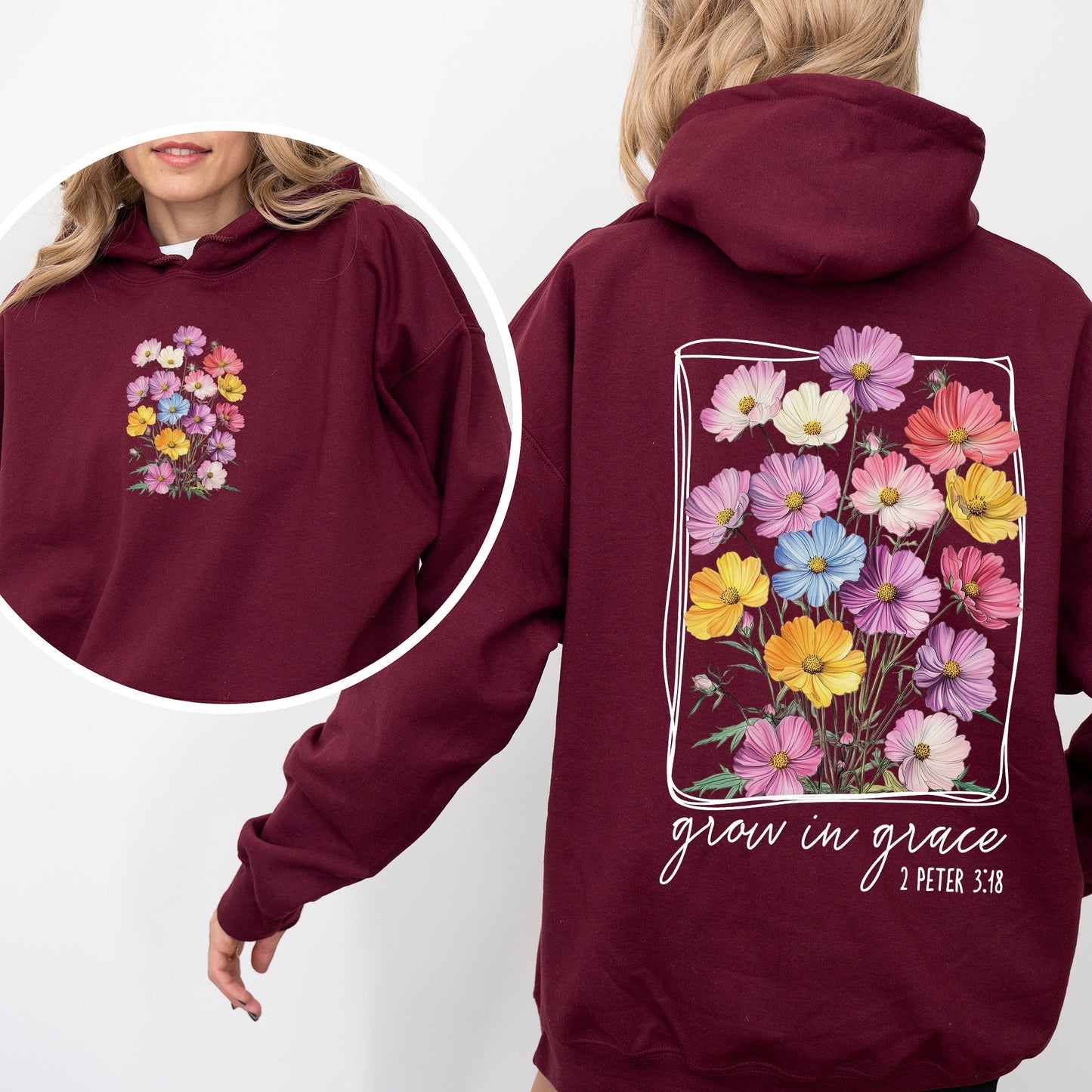 Grow In Grace, Flowers, Front and Back, Christian, Faith, Gospel, Religious, Jesus Hoodie, Hooded Sweatshirt
