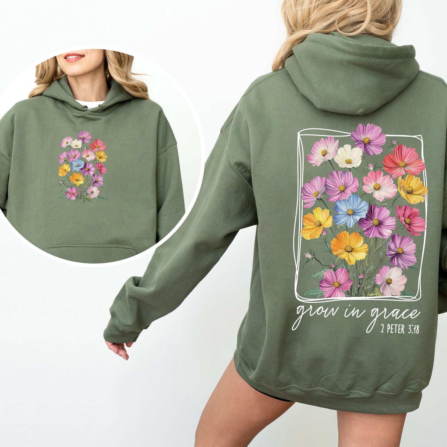 Grow In Grace, Flowers, Front and Back, Christian, Faith, Gospel, Religious, Jesus Hoodie, Hooded Sweatshirt