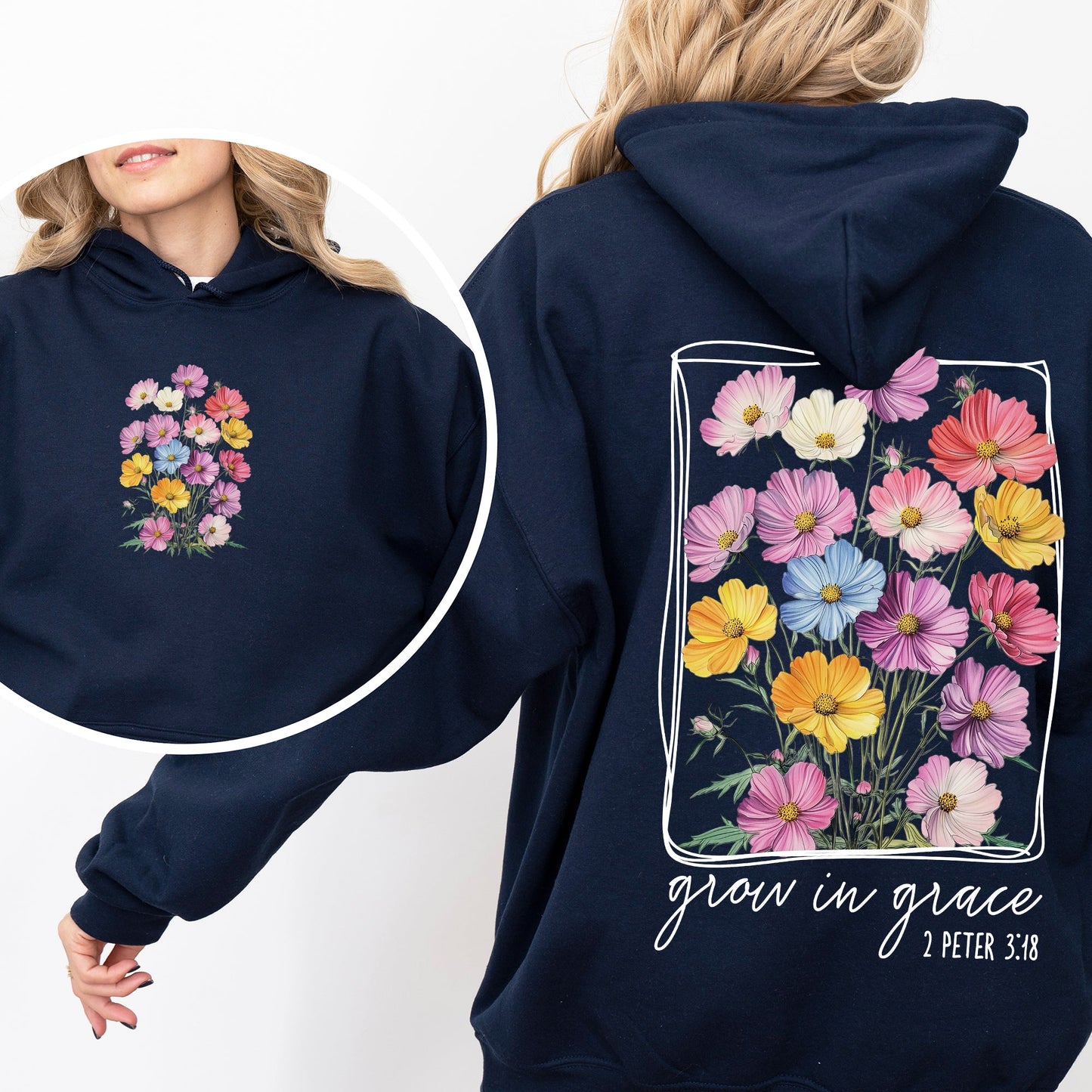 Grow In Grace, Flowers, Front and Back, Christian, Faith, Gospel, Religious, Jesus Hoodie, Hooded Sweatshirt
