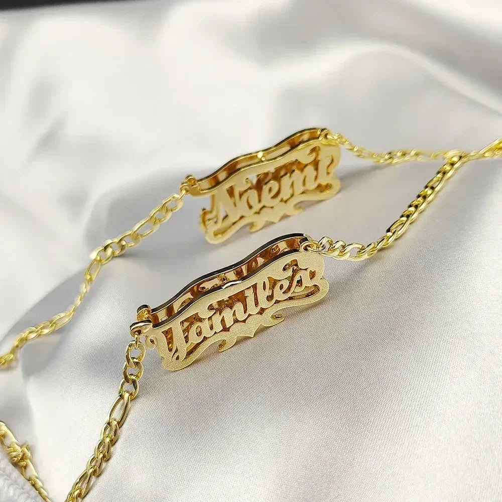 Custom Name Necklace - 3D Engraved Stainless Steel - Heart Figaro Chain