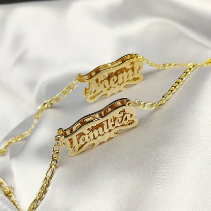 Custom Name Necklace - 3D Engraved Stainless Steel - Heart Figaro Chain