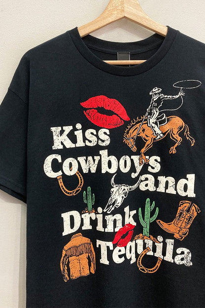 Kiss Cowboys Drink Tequila Oversized Graphic Tee