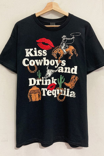 Kiss Cowboys Drink Tequila Oversized Graphic Tee