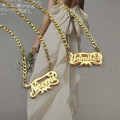 Custom Name Necklace - 3D Engraved Stainless Steel - Heart Figaro Chain