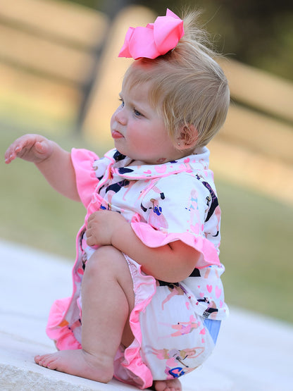 Mommy Me Girls TS Lapel Button Short Sleeve Shorts Ruffle Pajama Set