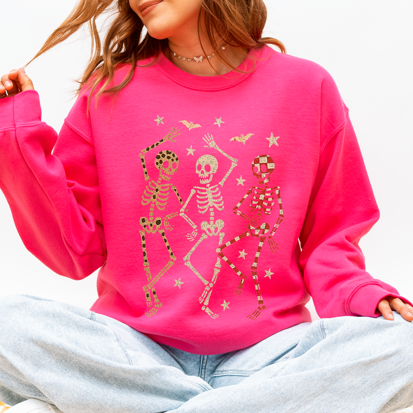 Halloween Dancing Skeletons Shirt, Retro Skeletons, Spooky Season, Leopard Checker Cherry Print, Boo, Fall, Halloween Sweatshirt