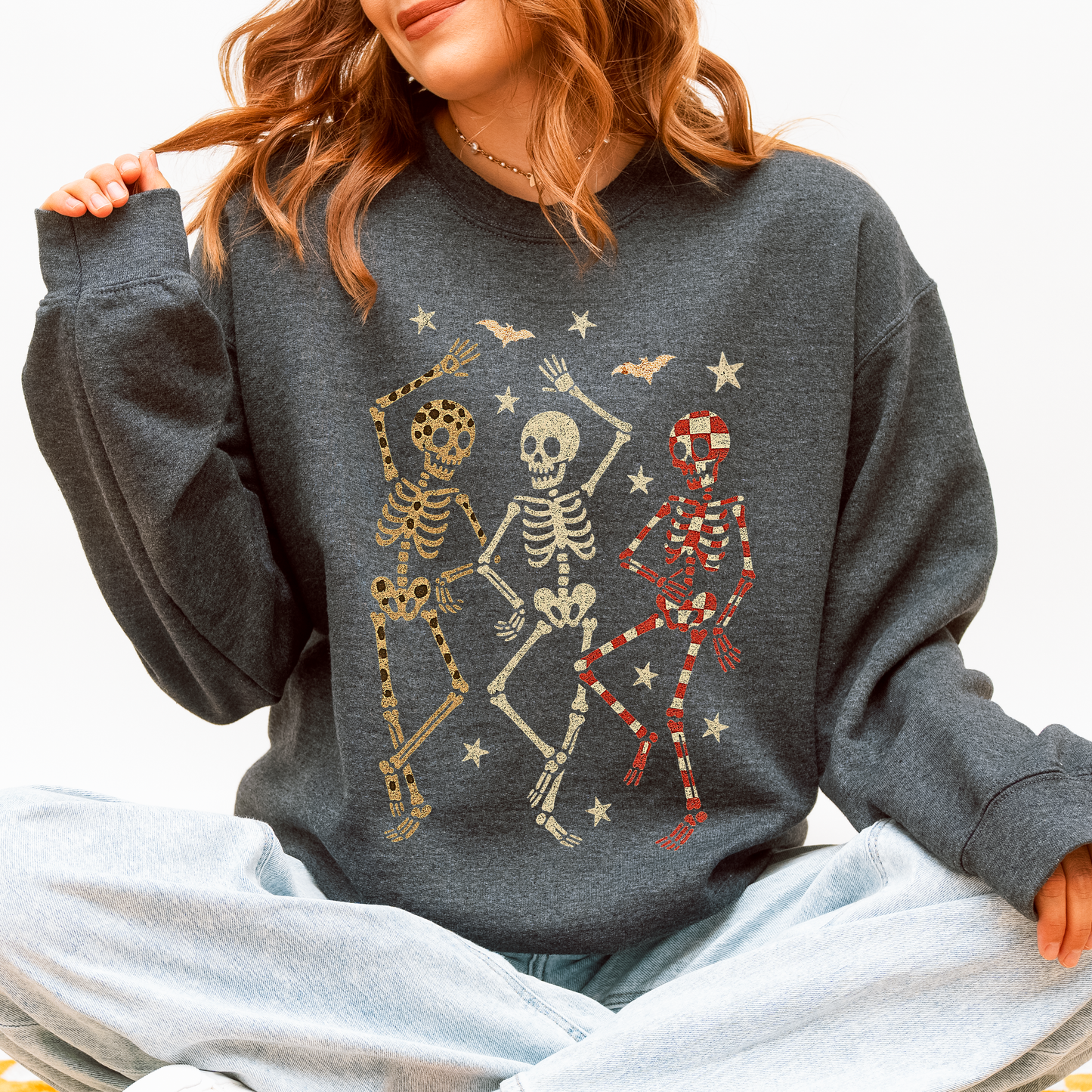 Halloween Dancing Skeletons Shirt, Retro Skeletons, Spooky Season, Leopard Checker Cherry Print, Boo, Fall, Halloween Sweatshirt