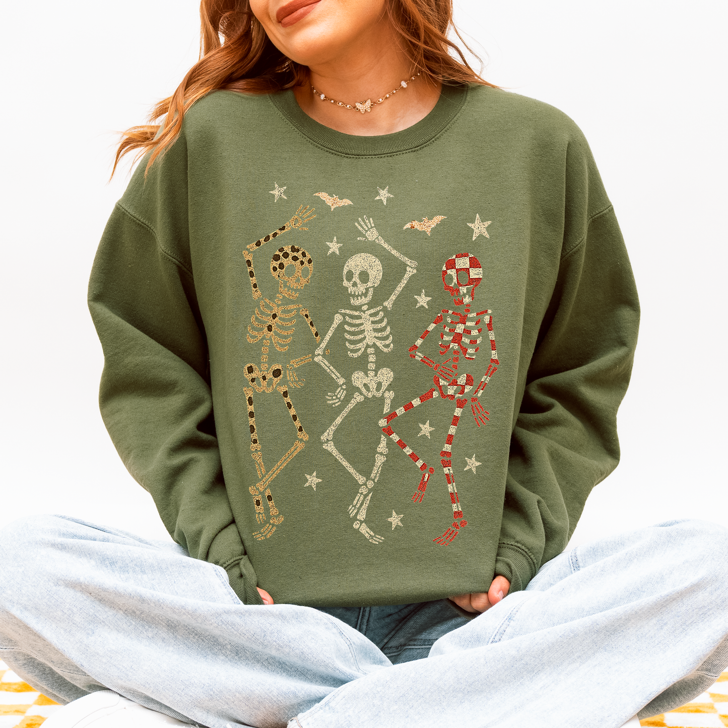 Halloween Dancing Skeletons Shirt, Retro Skeletons, Spooky Season, Leopard Checker Cherry Print, Boo, Fall, Halloween Sweatshirt