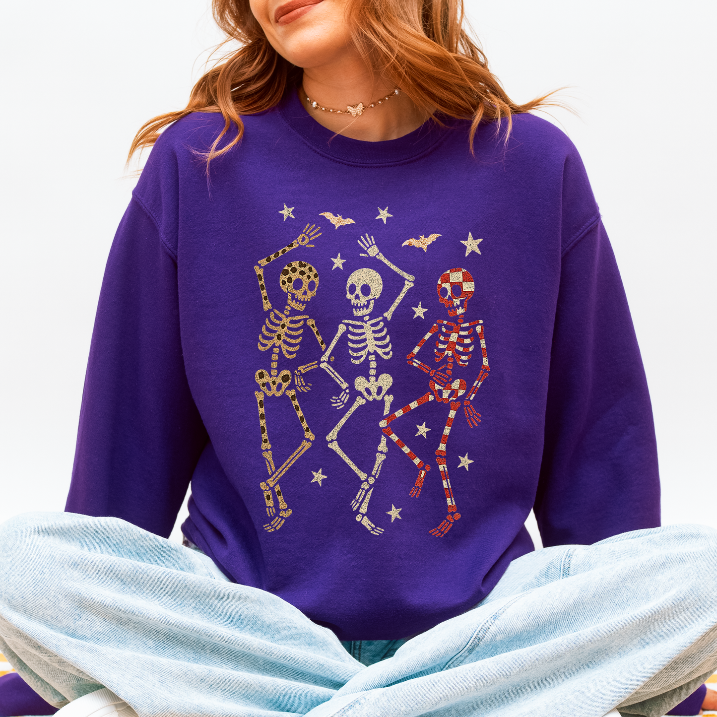 Halloween Dancing Skeletons Shirt, Retro Skeletons, Spooky Season, Leopard Checker Cherry Print, Boo, Fall, Halloween Sweatshirt