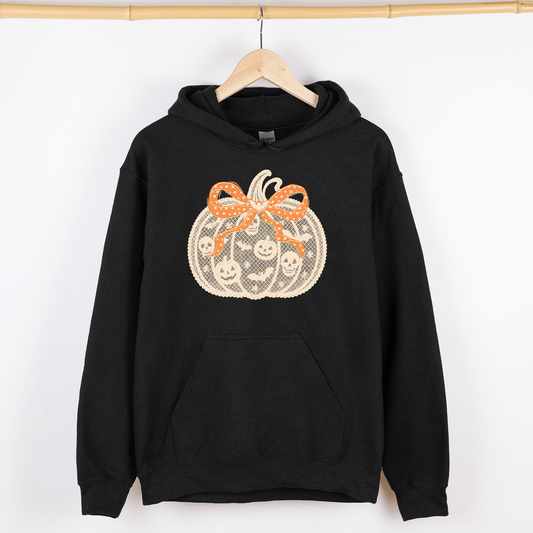 Halloween Pumpkin, Faux Lace, Coquette, Ribbon, Bows, Graphic Hoodie, Hooded Sweatshirt