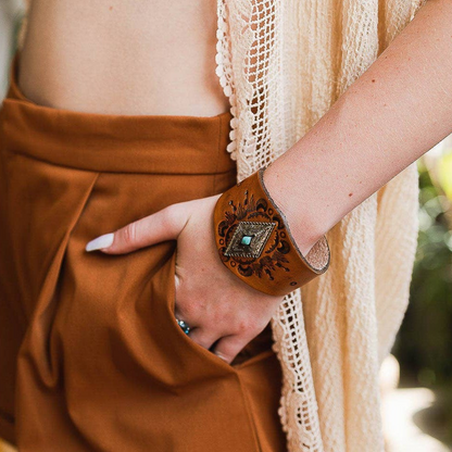 Handcrafted Diamond Piece Leather Cuff Bracelet | Boho Chic Fashion Jewelry | Snap Closure One-size