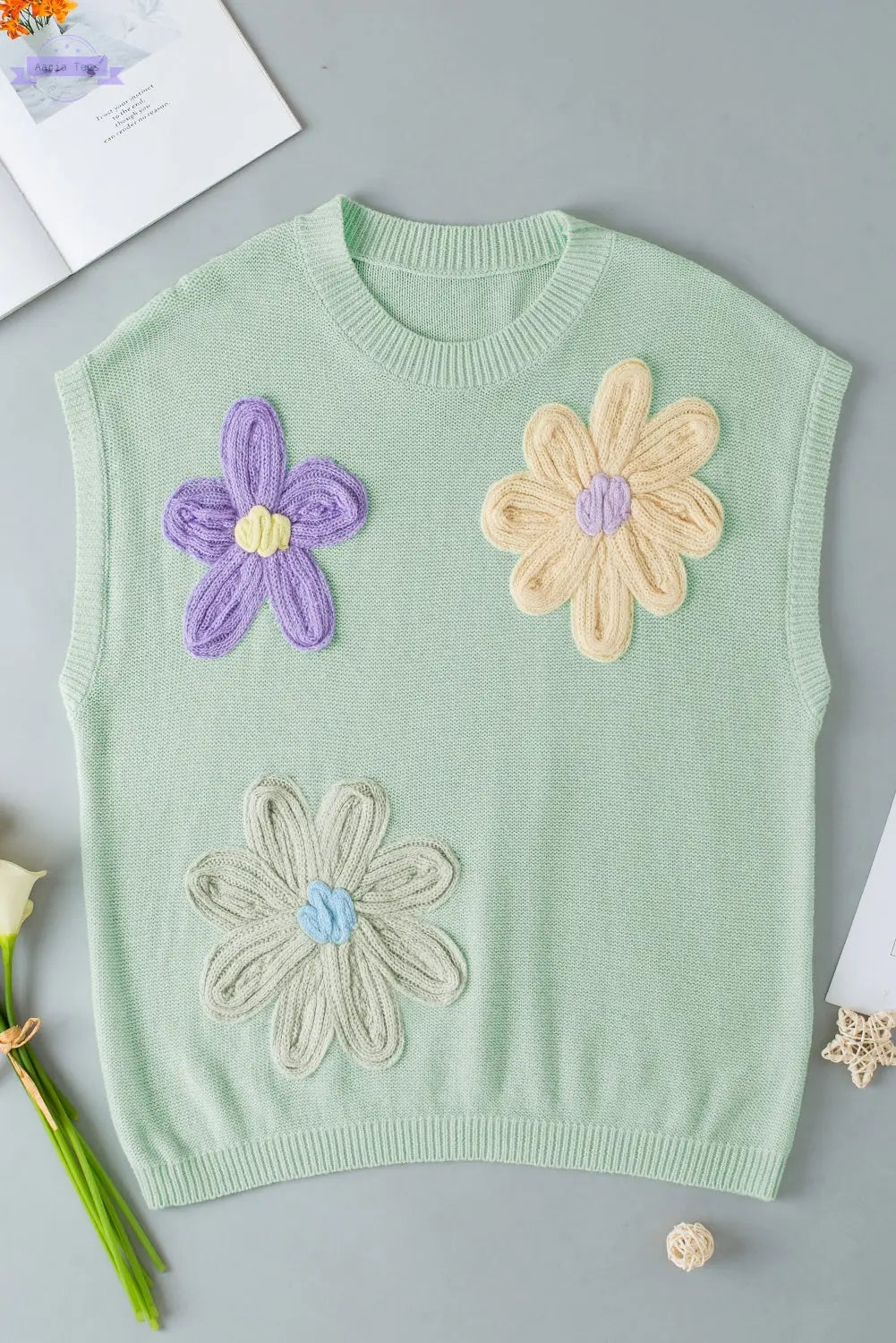 Hannah Crochet Flower Knit Short Sleeve Sweater Top Threaded Pear