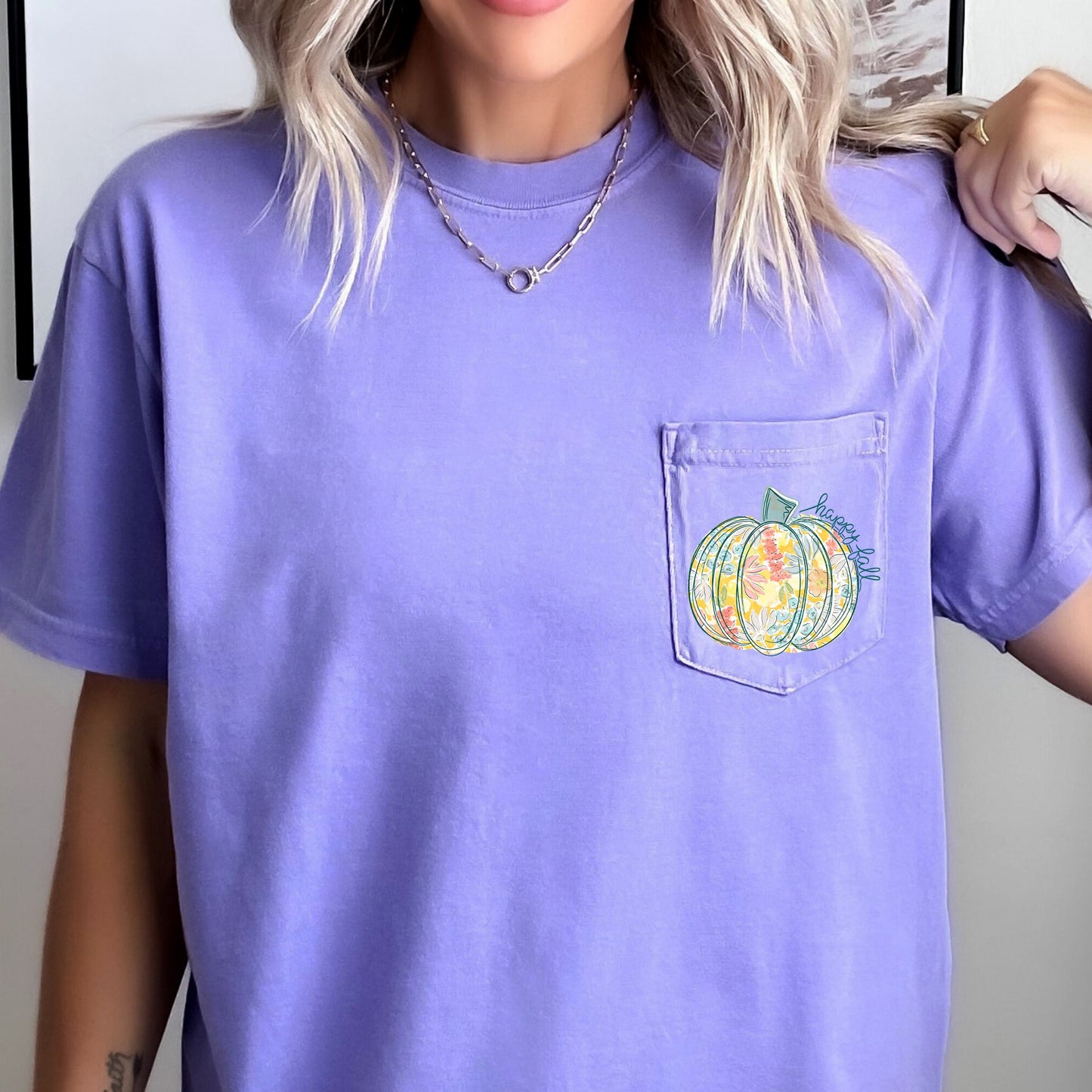 Happy Fall, Pastel Pumpkin, Thanksgiving, Flowers, Pocket Tee Comfort Colors T-Shirt