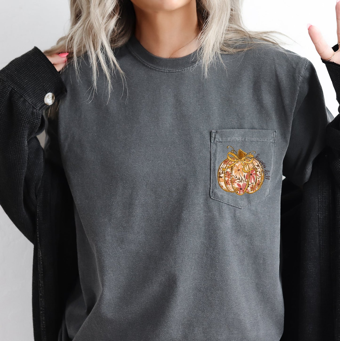 Happy Fall, Pumpkin, Thanksgiving, Flowers, Pocket Tee Comfort Colors T-Shirt