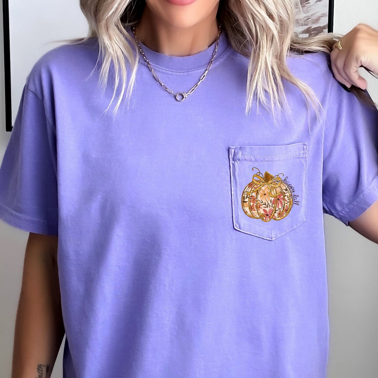 Happy Fall, Pumpkin, Thanksgiving, Flowers, Pocket Tee Comfort Colors T-Shirt