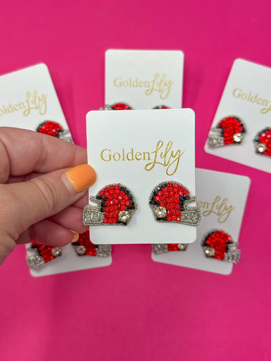 Game Day Helmet Stud Earrings - Red and Black