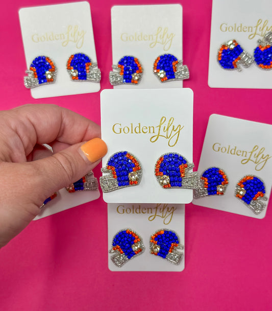 Game Day Helmet Stud Earrings -Orange and Blue