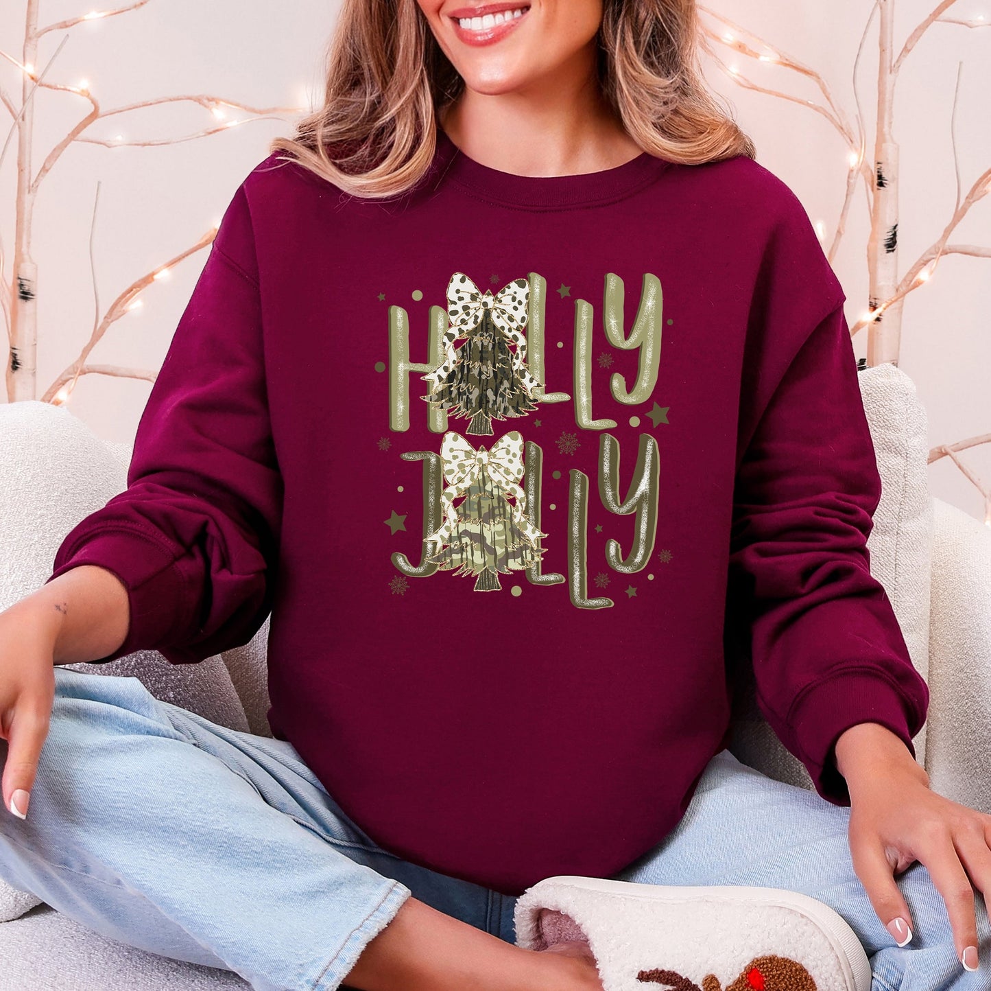 Holly Jolly, Camo Christmas Tree, Santa, Dalmatian Print, Ribbons, Bows Sweatshirt