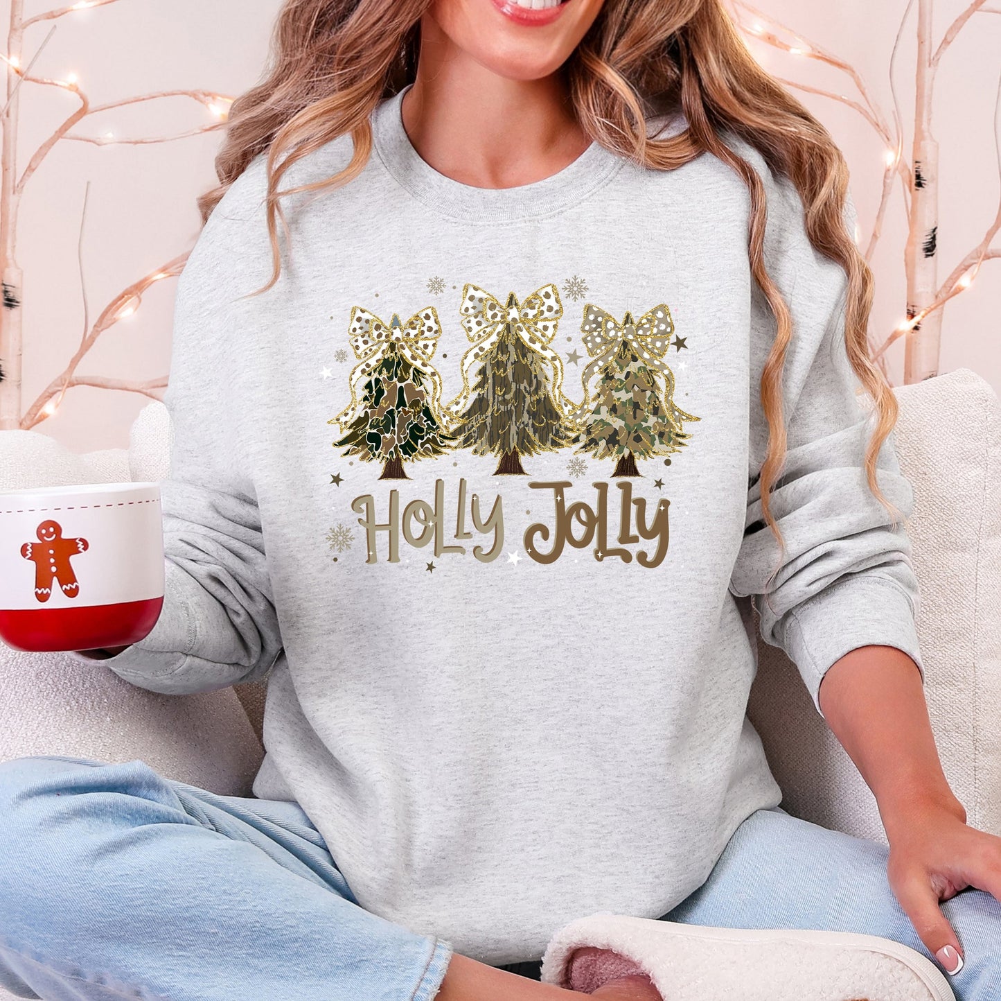 Holly Jolly, Camo Christmas Tree, Santa, Ribbons, Bows Sweatshirt