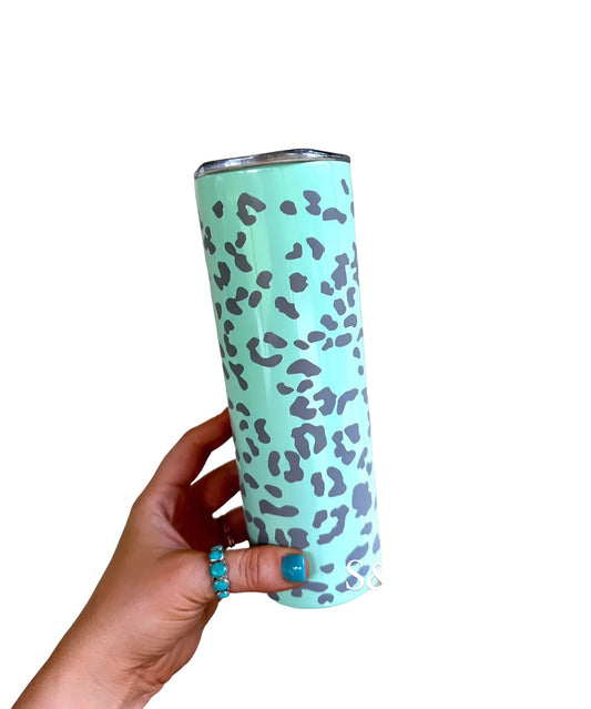 20oz Skinny Etched Tumbler - Mint Leopard Aaria Tees