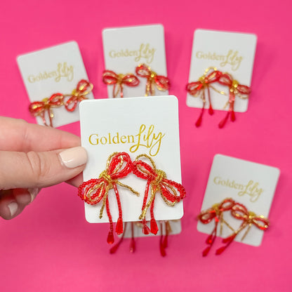 Mini Bow Earrings - Red and Gold