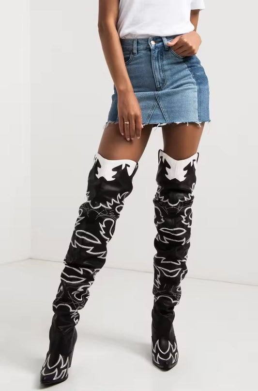 Woman Knee High Boots Western Cowboy Boots Wide Calf Embroidered - Aaria Tees