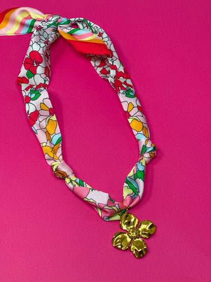 Scarf Charm Necklace - Multi Bright with Gold Flower