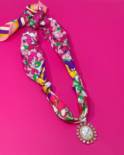 Scarf Charm Necklace - Pink and Purple Multi - Mother of Mary Rhinestone