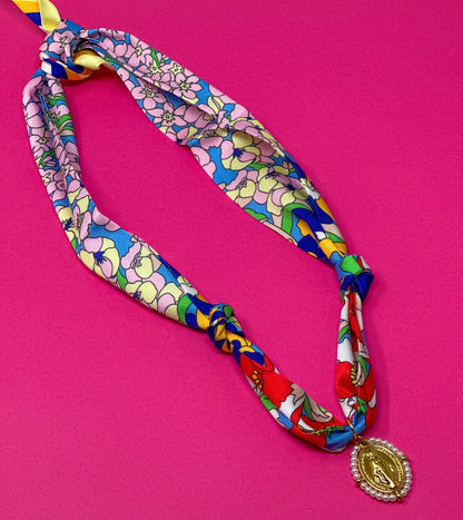Scarf Charm Necklace - Blue Multi Flower with Mary Pendant with Pearls