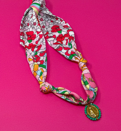 Scarf Charm Necklace - Pink Multi Flower with Mary Pendant with Turquoise