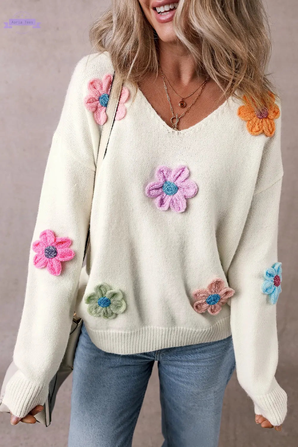 Isabella Crochet Flower Sweater Threaded Pear