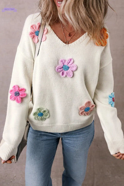 Isabella Crochet Flower Sweater Threaded Pear