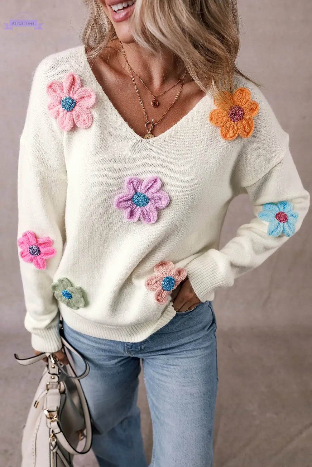 Isabella Crochet Flower Sweater Threaded Pear