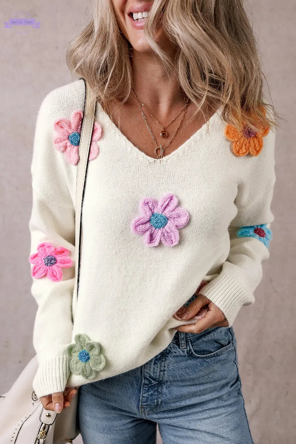 Isabella Crochet Flower Sweater Threaded Pear