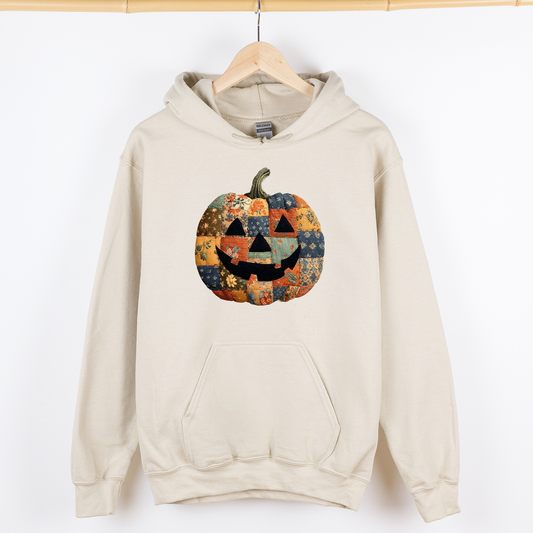 Jack-o-Lantern, Faux Quilt Pumpkin, Halloween, Fall, Autumn, Graphic Hoodie, Hooded Sweatshirt