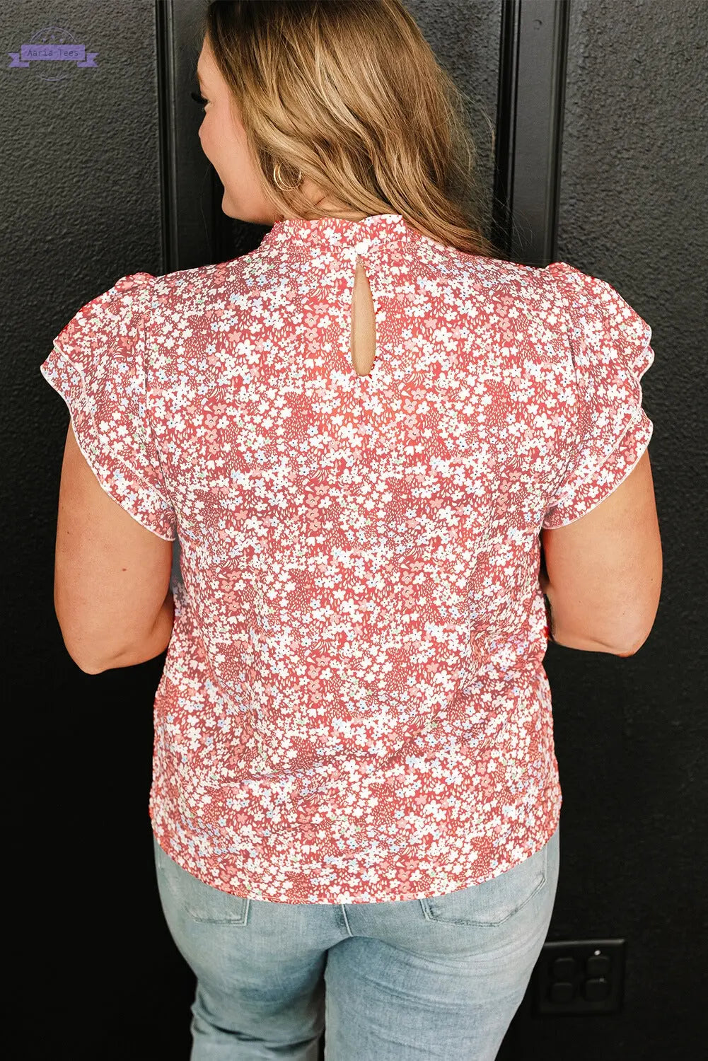 Jamie Plus Size Floral Print Ruffled Sleeve Frilled Neck Blouse Threaded Pear