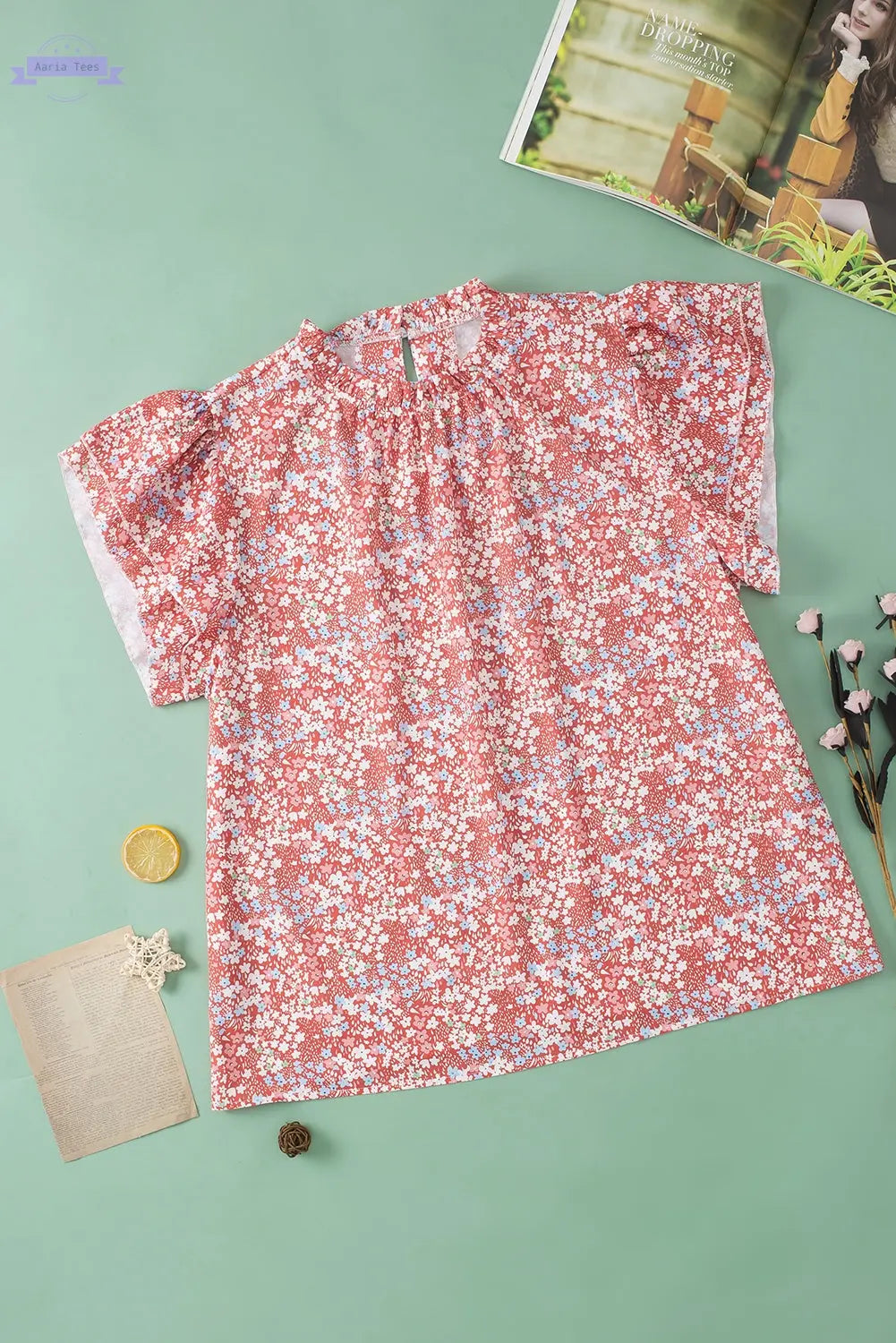 Jamie Plus Size Floral Print Ruffled Sleeve Frilled Neck Blouse Threaded Pear