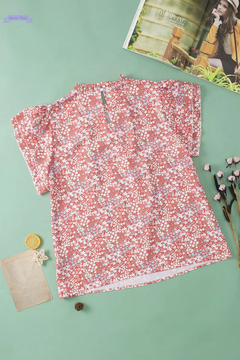 Jamie Plus Size Floral Print Ruffled Sleeve Frilled Neck Blouse Threaded Pear