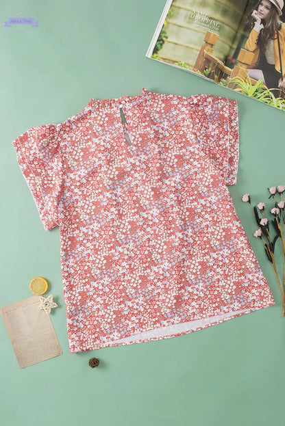 Jamie Plus Size Floral Print Ruffled Sleeve Frilled Neck Blouse Threaded Pear
