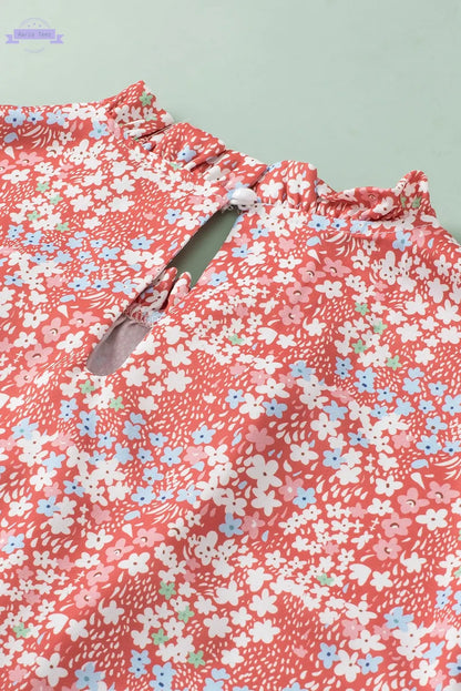 Jamie Plus Size Floral Print Ruffled Sleeve Frilled Neck Blouse Threaded Pear