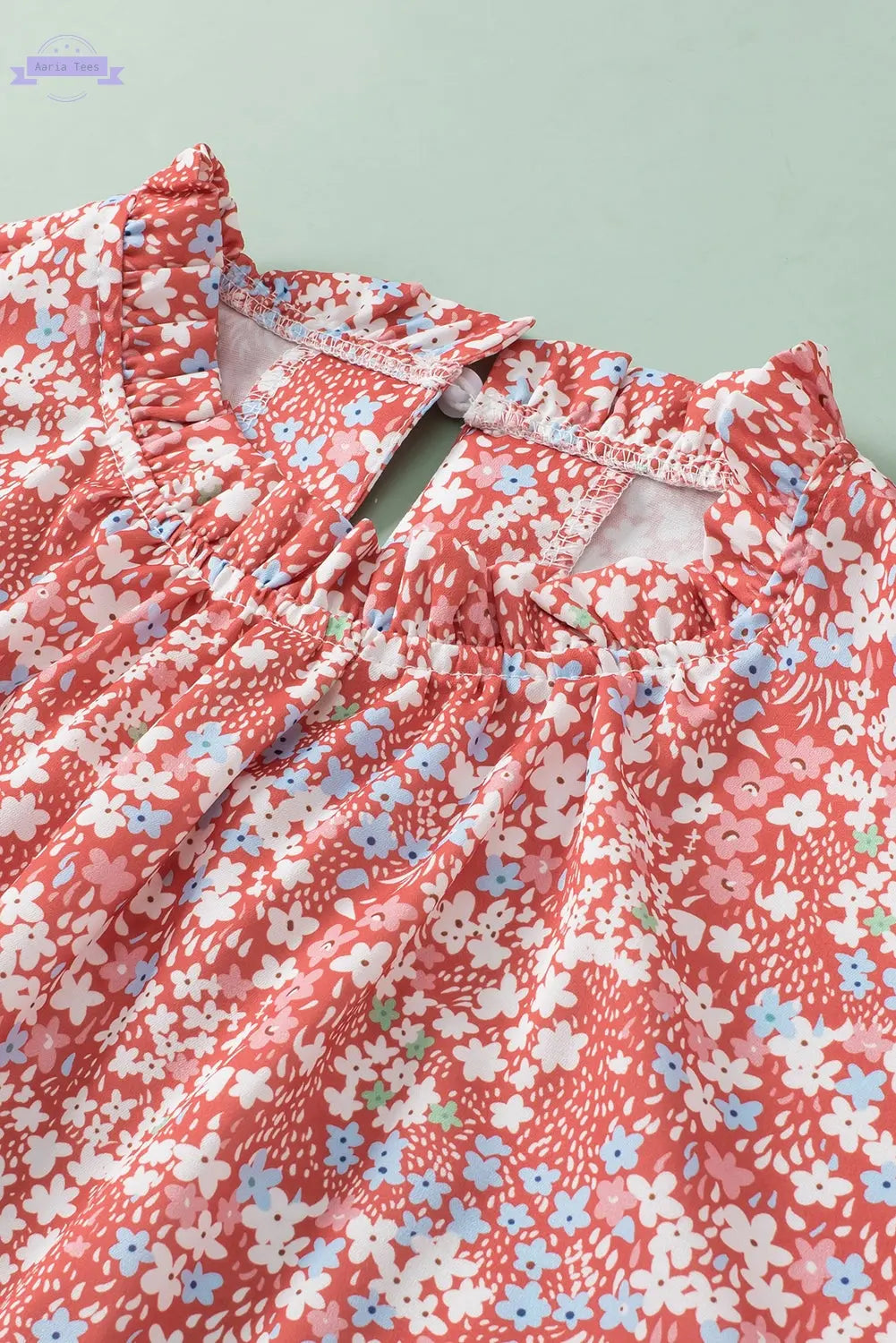 Jamie Plus Size Floral Print Ruffled Sleeve Frilled Neck Blouse Threaded Pear