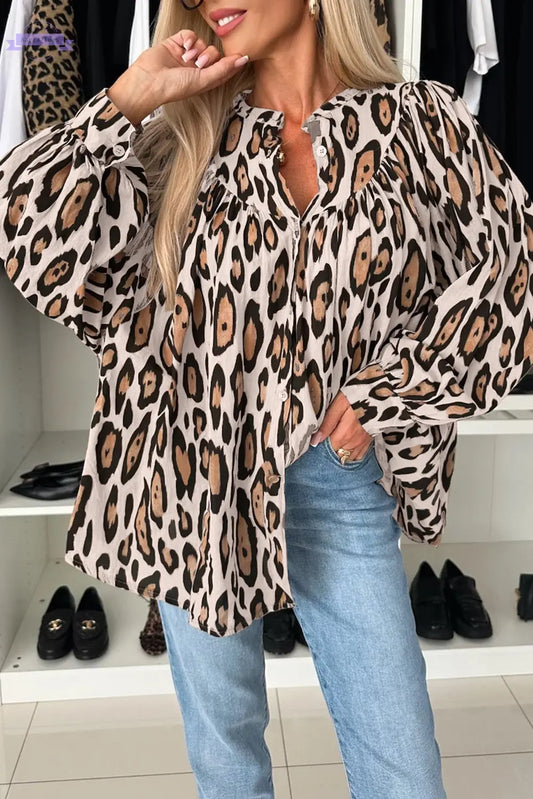 Jet Stream Oversized Leopard Print Balloon Sleeve Casual Shirt - Aaria Tees