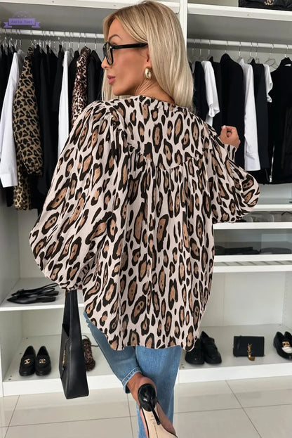 Jet Stream Oversized Leopard Print Balloon Sleeve Casual Shirt - Aaria Tees