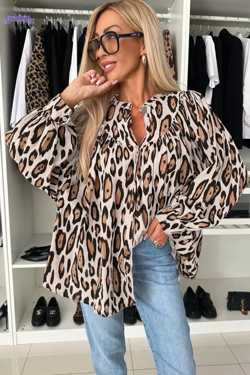 Jet Stream Oversized Leopard Print Balloon Sleeve Casual Shirt - Aaria Tees